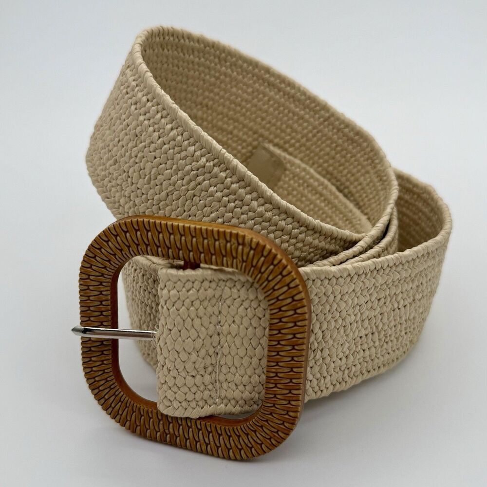 Straw Stretch Woven Belt Womens Natural -Rattan Buckle 48" Long NEW Boho Coastal